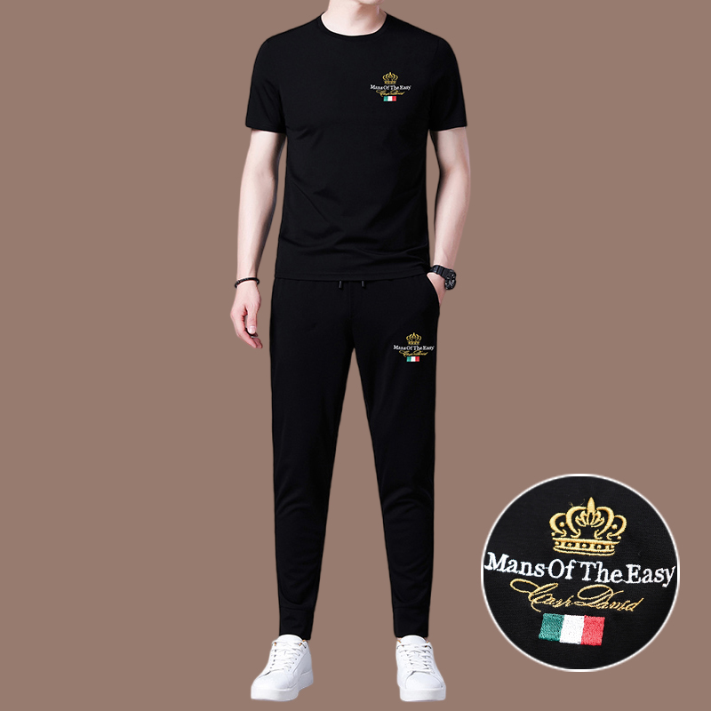 恒源祥桑蚕丝男士休闲运动套装男夏季潮流帅气冰丝短袖男装两件套 黑色522款 180/XXL适合体重155-175斤