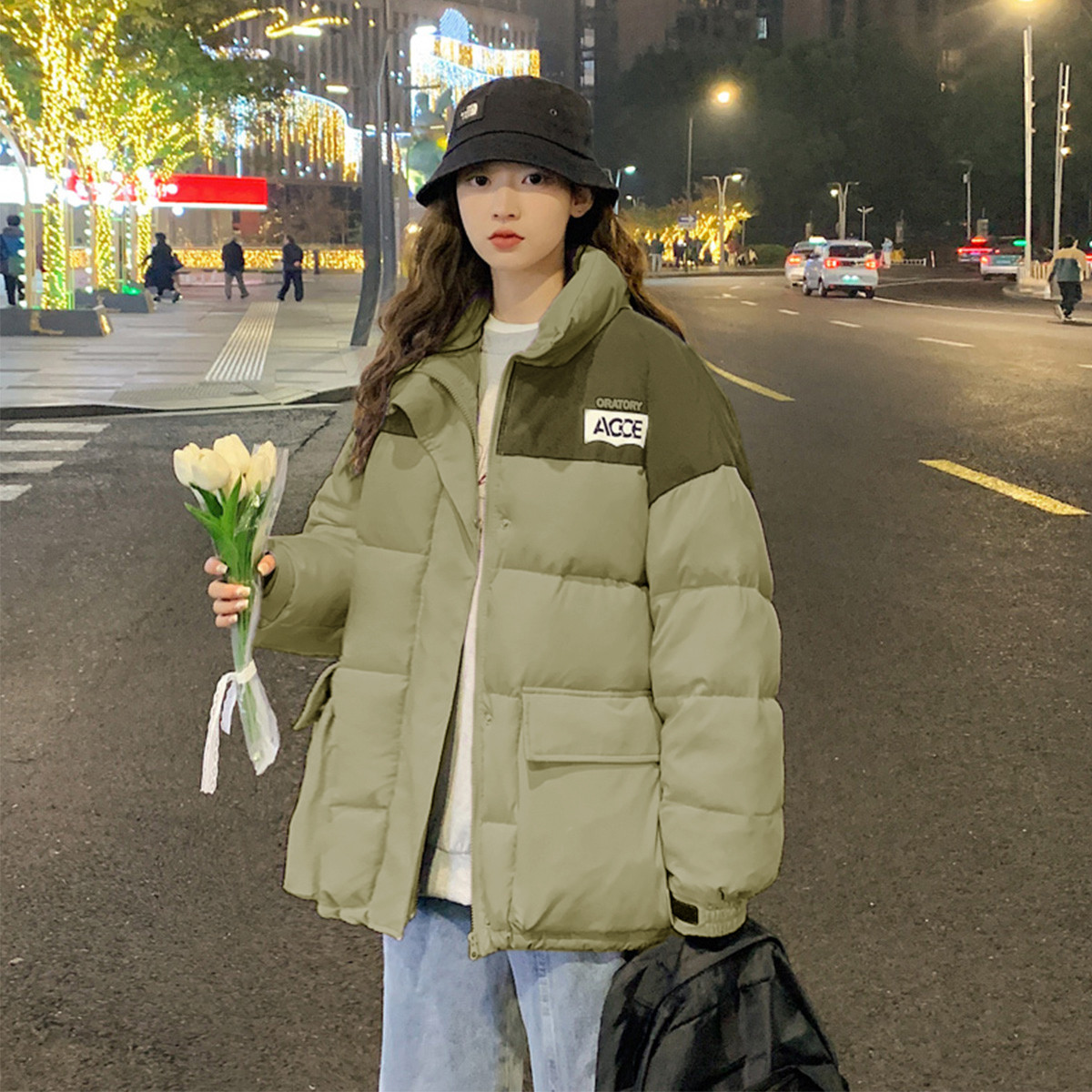 [直降价358元]唐狮秋冬新款女立领拼色大口袋羽绒服百搭无性别羽绒时尚