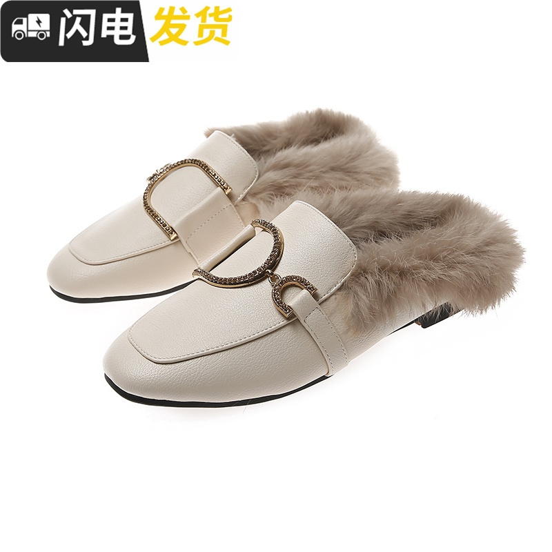 2022新款红毛毛拖鞋女外穿无后跟马衔扣头半拖鞋女穆勒鞋启如