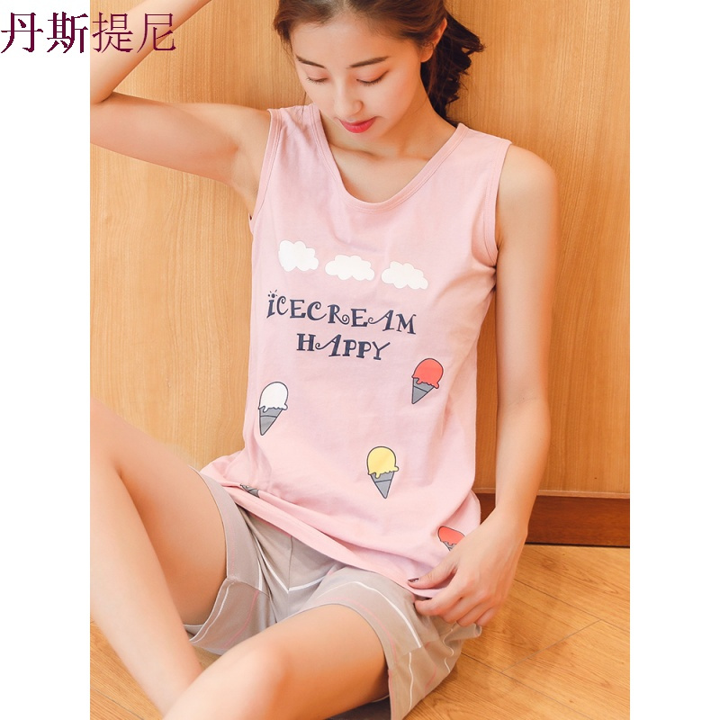 睡衣女夏纯棉无袖背心两件套装夏季可外穿短裤夏天薄款坎肩家居服