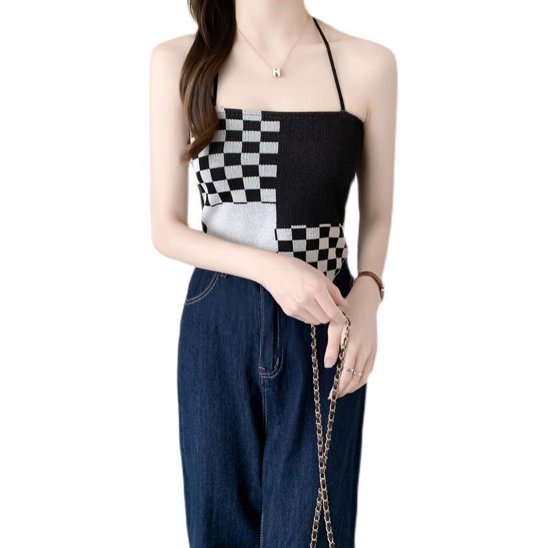 艾格夏季格子挂脖小吊带背心女装甜美个性防晒内搭不规则短款上衣视频