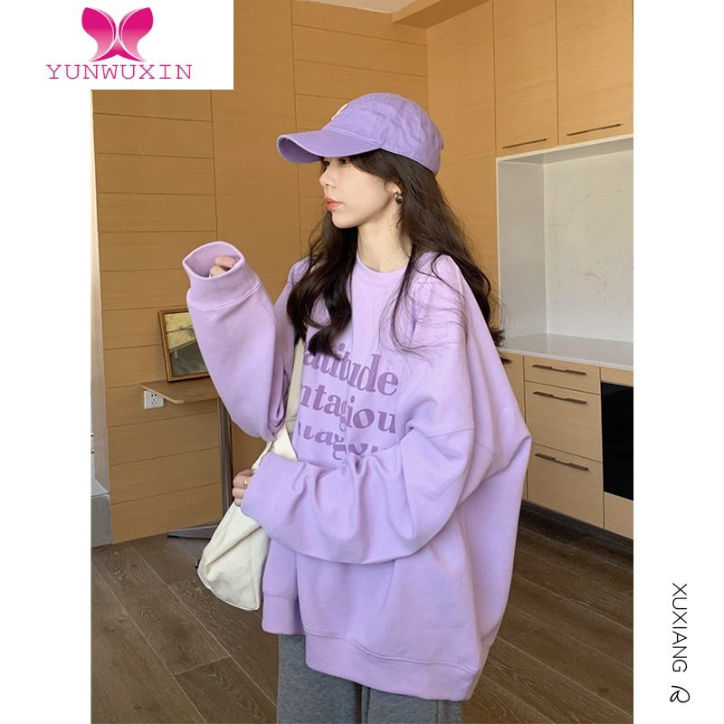 YUNWUXINoversize紫色无帽正肩卫衣女秋装2022年新款宽松外套上衣山东即墨