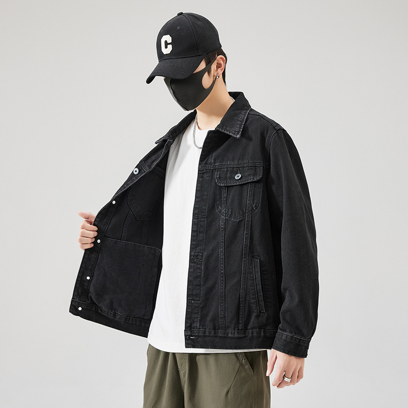 |年春季日系潮流牛仔外套宽松大码胖子高级感夹克黑色