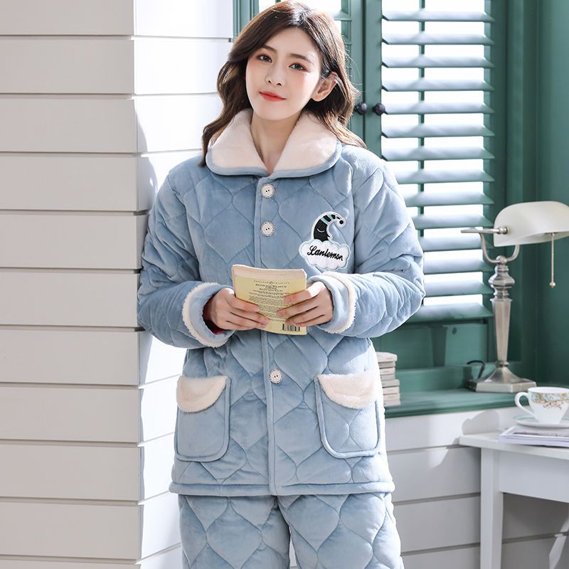 睡衣女冬季三层加厚夹棉冬天法兰绒珊瑚绒保暖棉袄大码家居服套装衫伊格