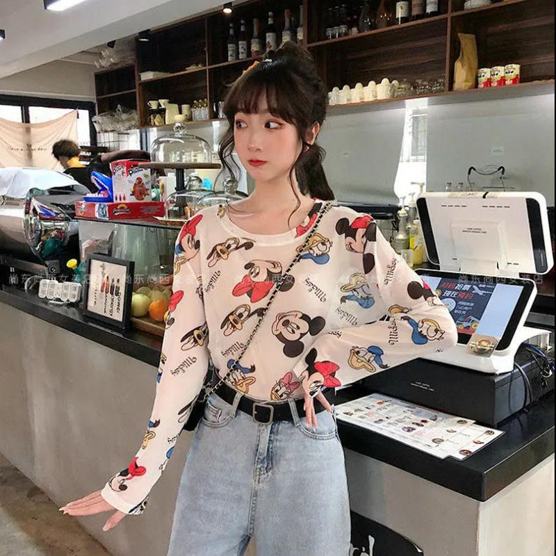网纱长袖t恤女夏宽松冰丝套头防晒衫打底内搭mschf上衣 莎丞
