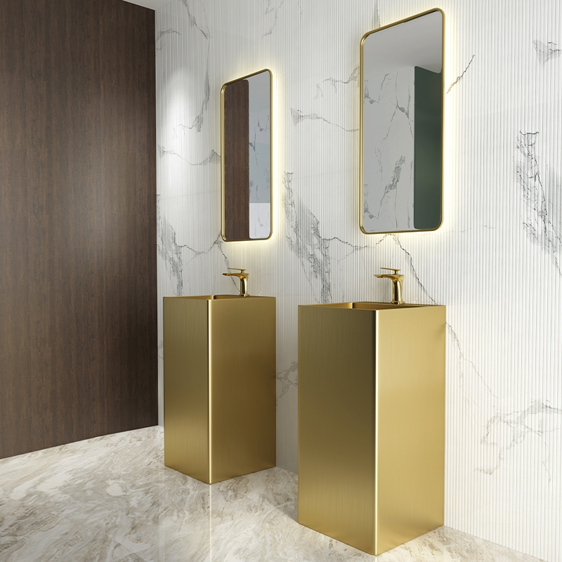 金色不锈钢洗手台盆一体落地洗漱台藤印象民宿酒店立柱式洗脸盆