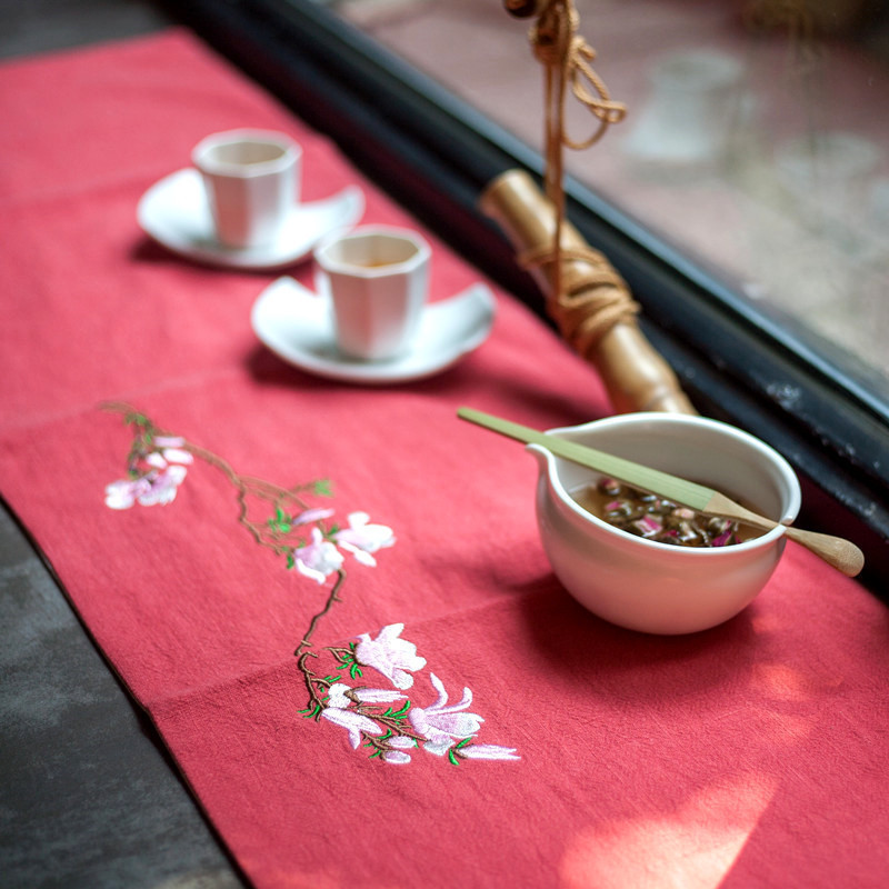 刺绣棉麻桌旗中式禅意手工玉兰花中国风茶席复古布艺绣花茶几垫_794