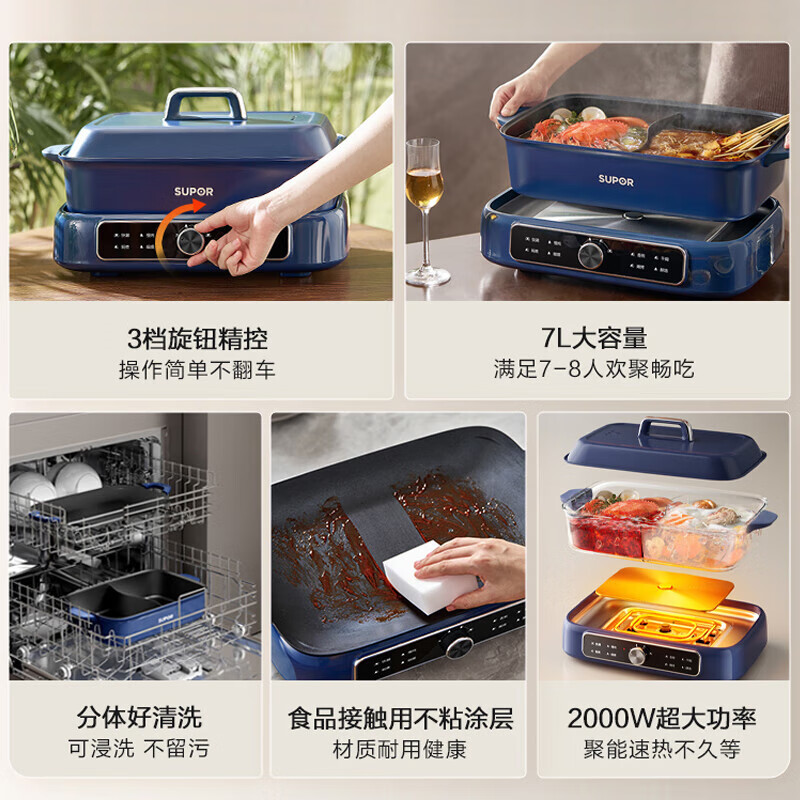 苏泊尔(SUPOR)电火锅多功能电煮锅2000W大功率分体式家用涮肉鸳鸯电热锅7L/升容量多用途锅H3925FK872Y高清大图