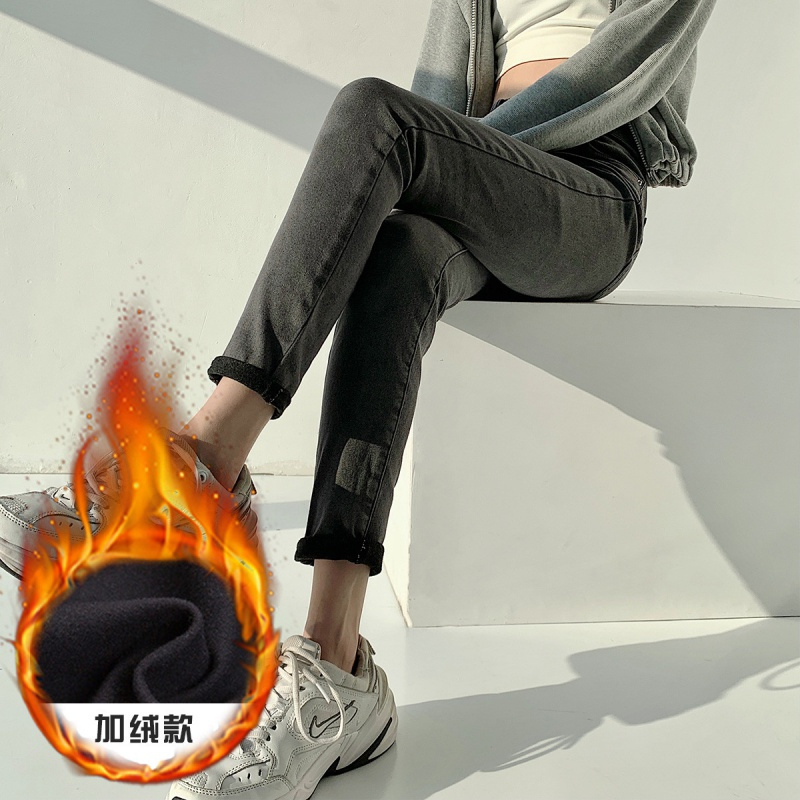 唐狮烟灰色牛仔裤女新款高腰显瘦修身小脚裤紧身九分裤子