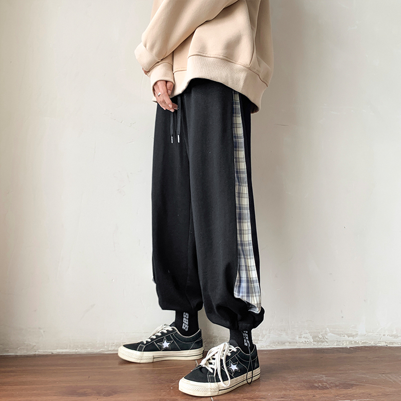 YUANSU子俊男装冬季加绒加厚裤子男士潮流拼接撞色束脚哈伦裤休闲小脚裤休闲裤