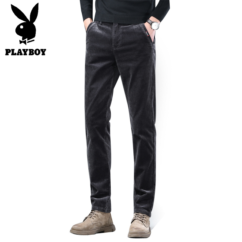 花花公子新款高品质灯芯绒男裤松紧腰头休闲裤弹力修身小直筒裤（支持代发）高清大图