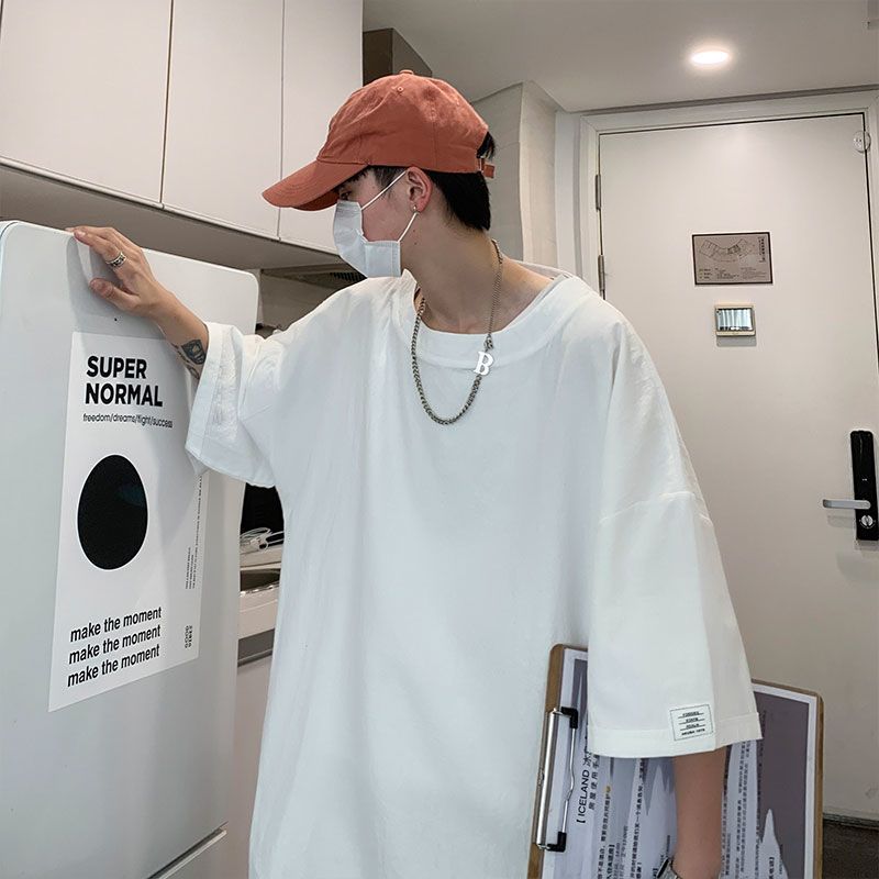 WOOG2005港风棉麻短袖t恤男加大码宽松潮胖子休闲简约体恤五分袖