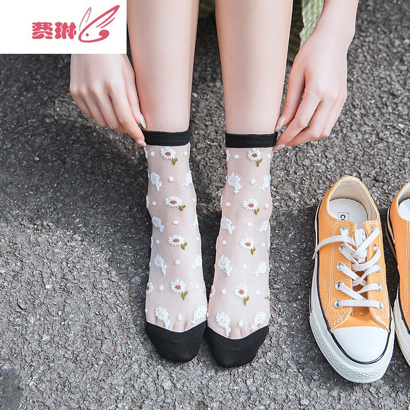 袜子女中筒袜ins潮玻璃丝袜小雏菊四季夏天长袜透明日系可爱费琳