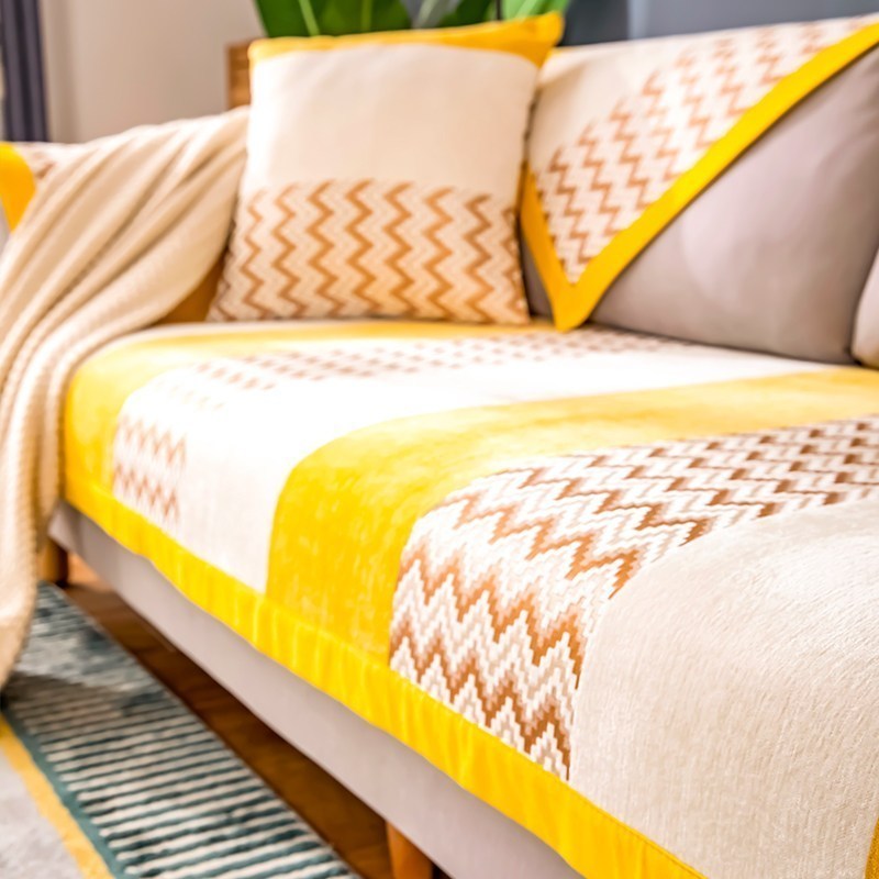 家柏饰(CORATED)北欧四季通用沙发垫防滑简约全包萬能沙发套罩布艺沙发巾沙发盖布 波浪黄 110*110cm