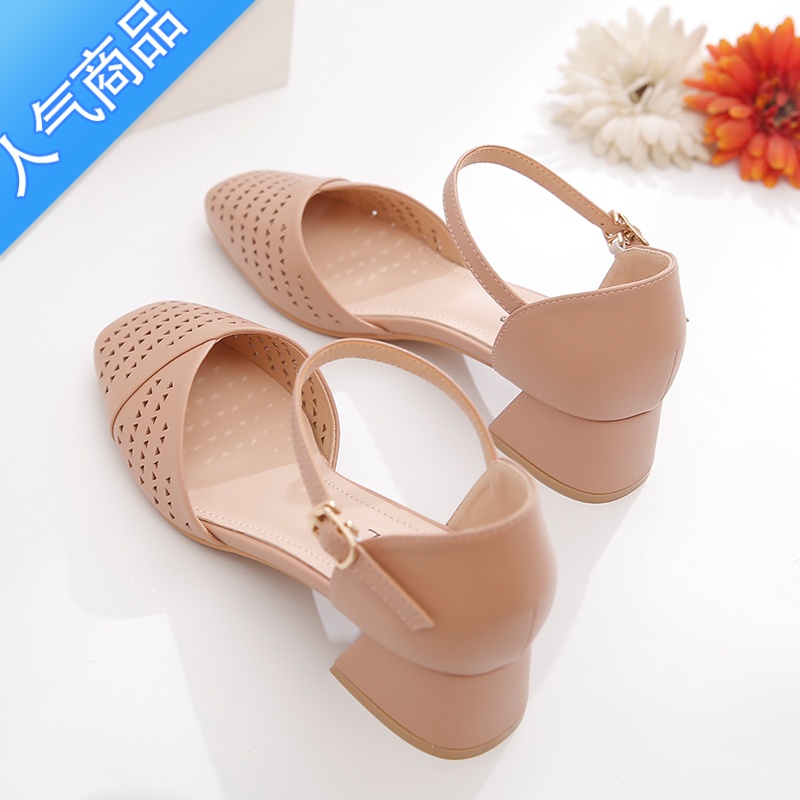 SUNTEK镂空方头凉鞋女2023夏季新款透气包头女鞋粗跟中跟一字带扣单鞋潮高清大图