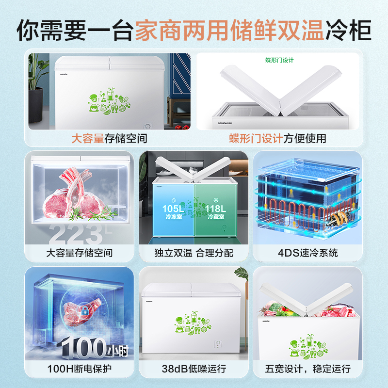 容声(Ronshen)223升 蝶形门侧掀门冰柜 冷藏冷冻双温柜 家用商用卧式节能(珍珠白)BCD-223K/A高清大图