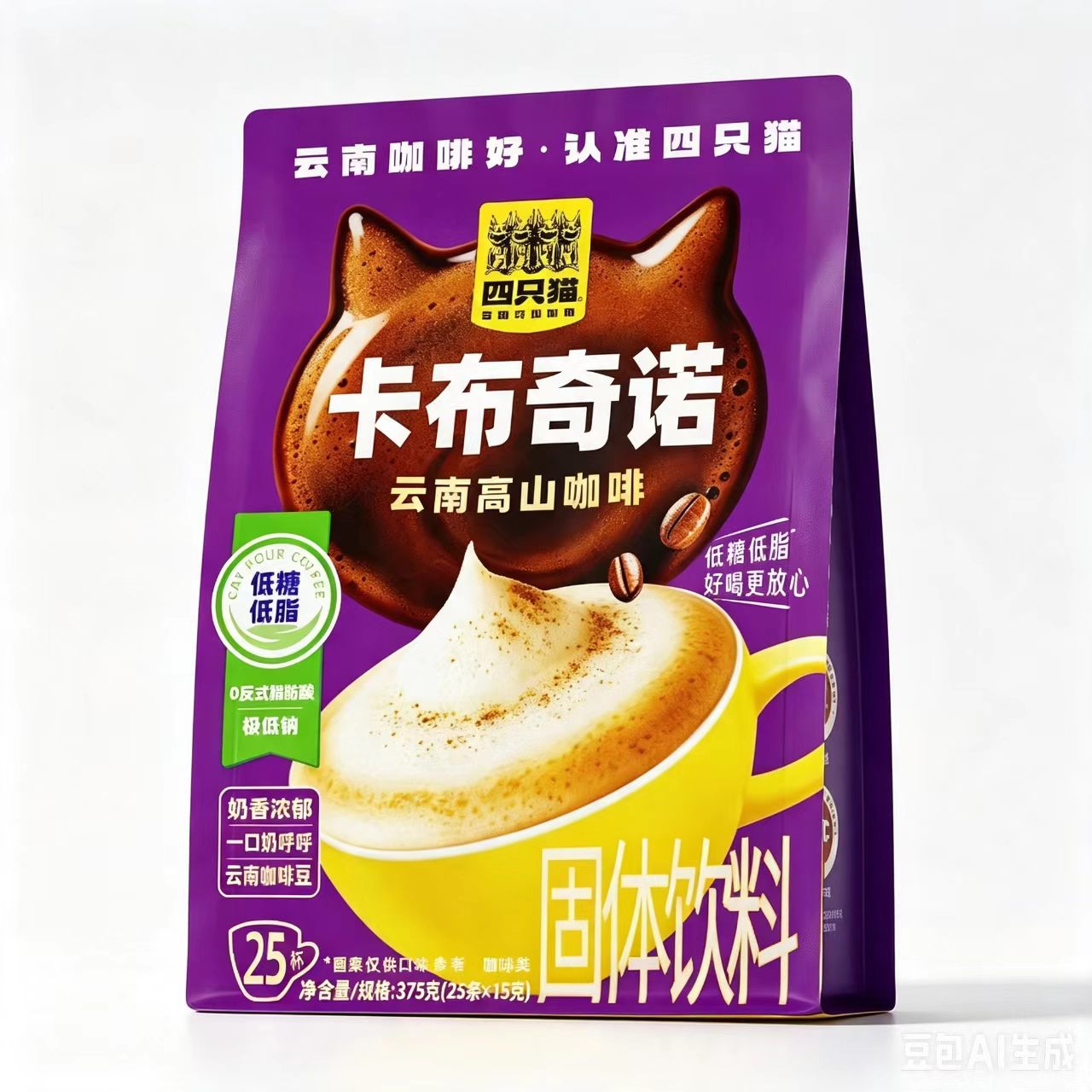 四只猫特浓咖啡+卡布奇诺各25条 低糖低脂三合一速溶咖啡组合 赠黄白马克杯高清大图
