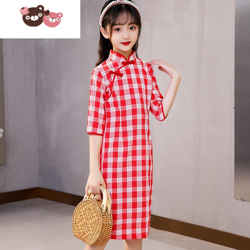 绿彩虹光女童旗袍夏季中国风中袖儿童连衣裙中大童小女孩春秋裙装宝宝