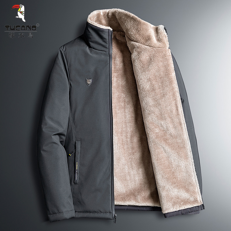 啄木鸟大码羊羔绒棉袄中年男棉衣加绒加厚冬装保暖外套中老年装高清大图