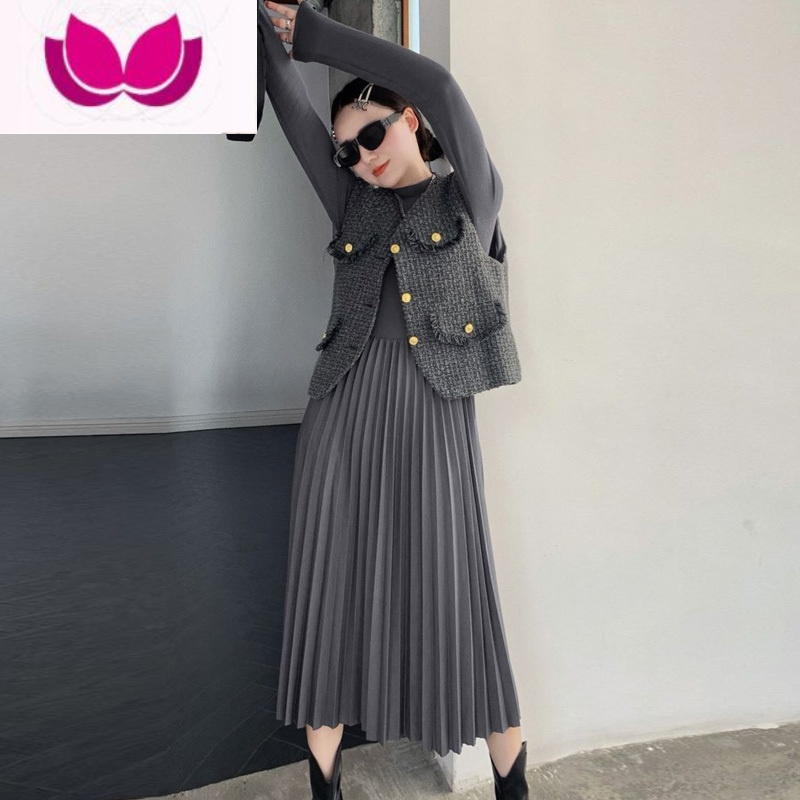 七斓粗花呢小香风背心马甲搭配百褶裙打底连衣裙长裙套女春季套装