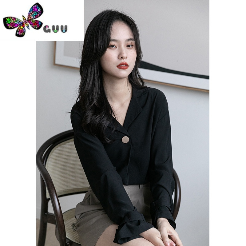 语娄港风复古v领黑色长袖衬衫女2023春季新款设计感小众垂感宽松衬衣