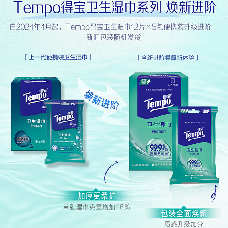 得宝(Tempo)湿巾 60片(5包x12片)杀菌湿巾湿纸巾卫生洁肤5xT3002高清大图