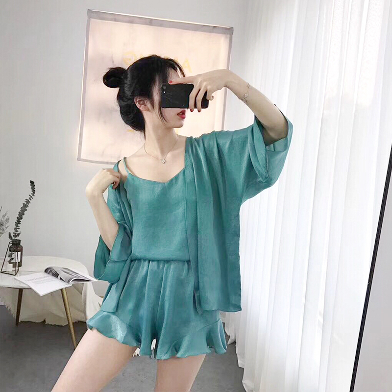 性感睡衣女士夏短袖三件套薄款年轻带丝可外穿学生家居服yy