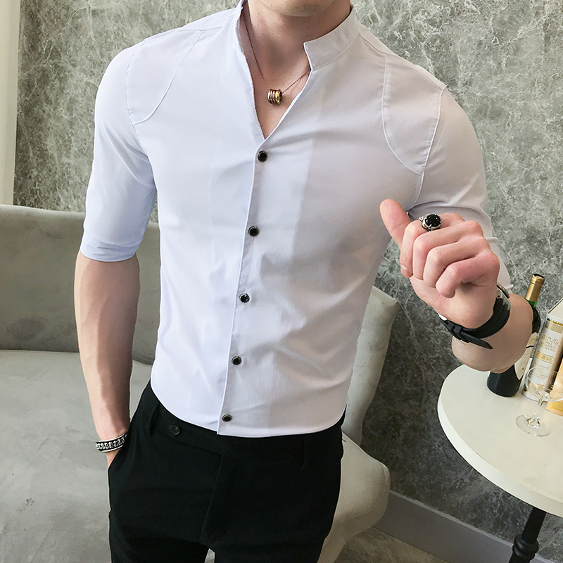 夏装修身帅气男士中袖衬衫男韩版夏款纯色休闲百搭衬衫气质上衣男