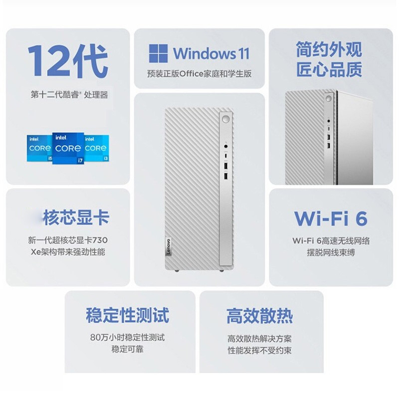 联想(Lenovo)天逸510Pro 12代酷睿2022款商务办公台式机台式电脑电脑主机(i5-12400/8G/1T+512G/集显/WIFI/19.5) 定制 家用企业台式机
