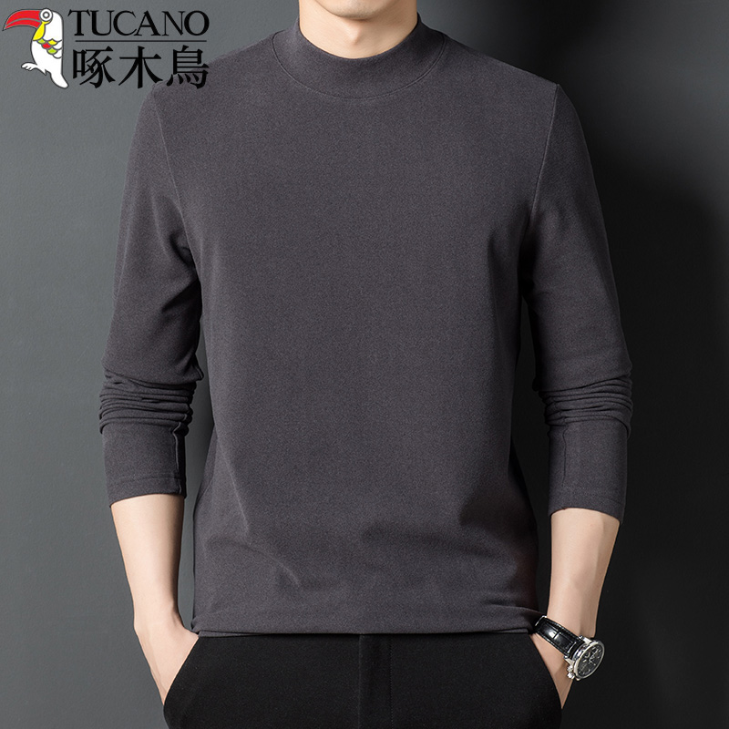 啄木鸟男士秋季半高领纯色长袖T恤中年男装上衣服德绒体恤打底底高清大图