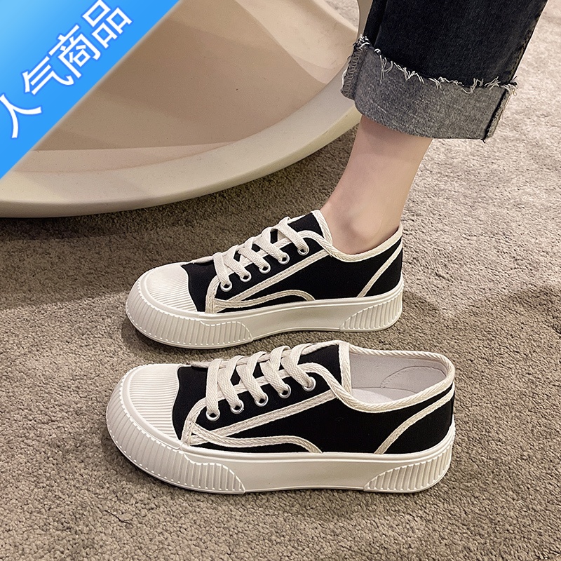 SUNTEK网红厚底帆布鞋女鞋子2023新款春夏百搭小香风休闲运动板鞋小白鞋高清大图