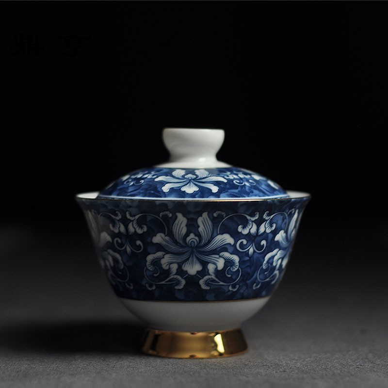 鼎亨锦上添花中式现代青花瓷金边三才盖碗品茗冲泡茶碗杯陶瓷功夫