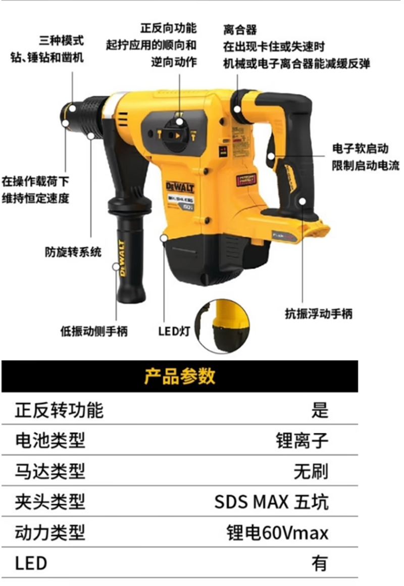 得伟60V锂电无刷五坑40mm电锤单机纸盒装DCH481N-A9个高清大图