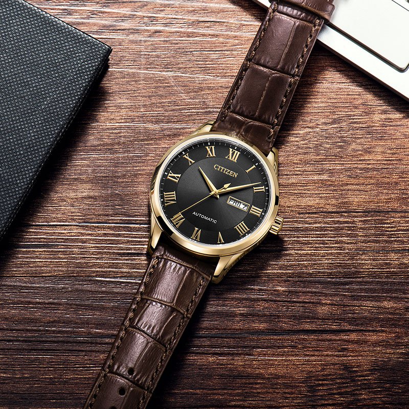 西铁城citizen自动机械小牛皮表带黑色表盘复古休闲男表nh836314hb