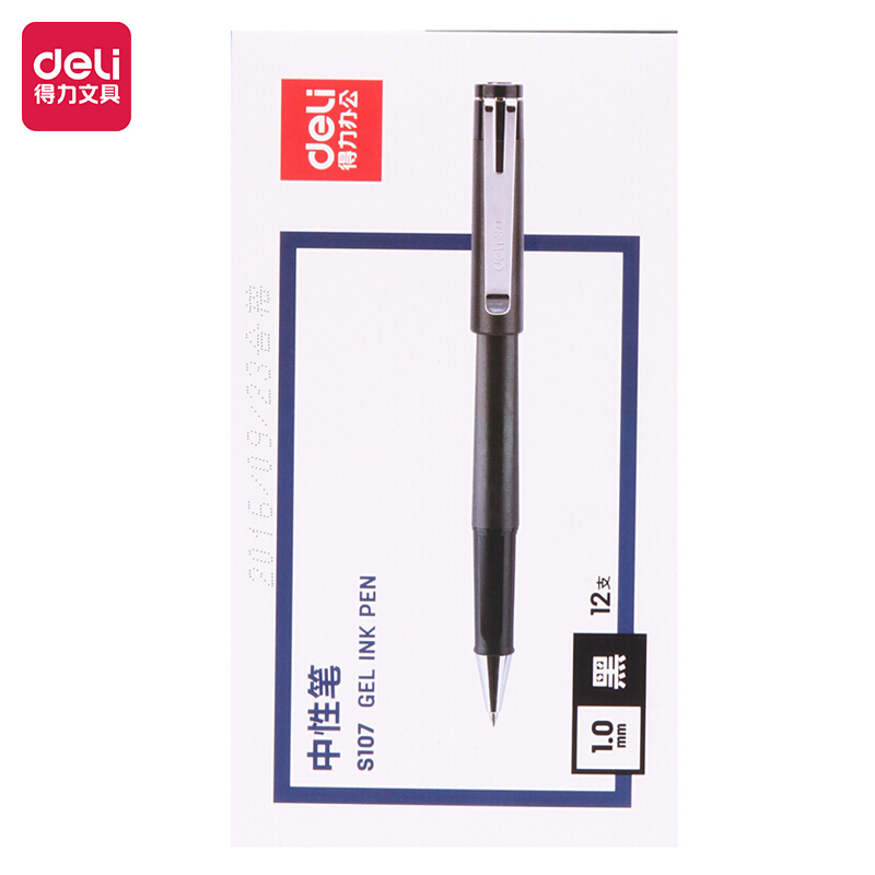 得力(deli)S107中性笔签字笔 1.0mm子弹头办公水笔 加粗线幅水笔 黑色12支/盒