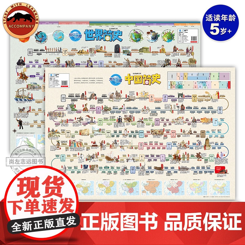 [北斗正版]中国简史和世界简史地图唐诗宋词地图新版 儿童房高清防水大尺寸挂画百科地图 学生家用地理历史语文启蒙地图抖音同高清大图