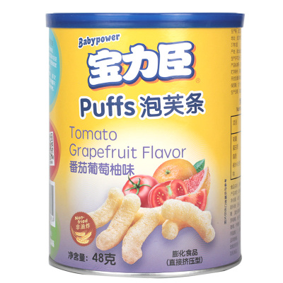 宝力臣宝宝辅食零食泡芙条(番茄葡萄柚味)48克 桶装