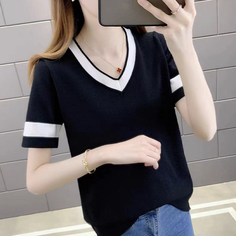 夏季新款冰丝V领撞色针织衫女短袖体恤薄款打底衫气质上衣