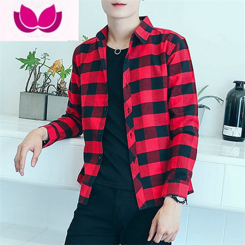 七斓夏季薄款格子衬衫男长袖青少年潮流衬衣男士保暖韩版修身帅气外套