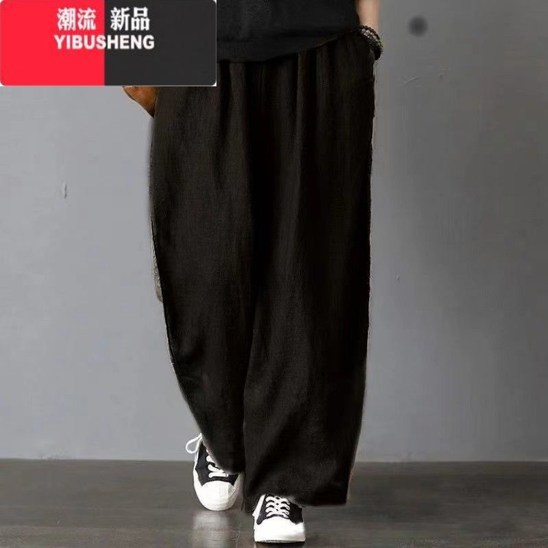 YIBUSHENG80-300斤春秋老爹妈妈棉麻休闲裤女复古禅意纯色范阔腿裤大码高清大图