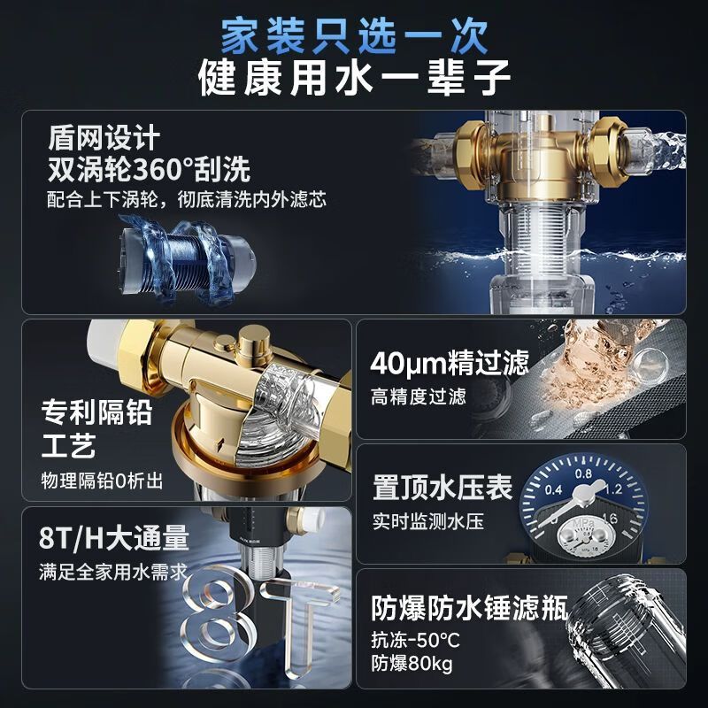 奥克斯Q800pro前置过滤器反冲洗免拆家用6T/h自来水全屋大流量中央净水器滤网管道滤水器(包含安装)高清大图