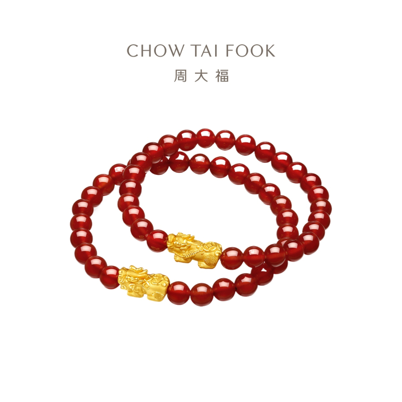 周大福 财字 钱币貔貅 定价足金黄金玉髓弹力绳手链手串 EOR106