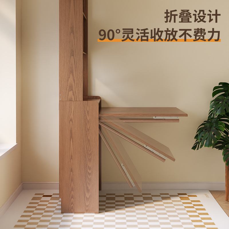 实木折叠书桌书架一体卧室家用电脑桌小户型学习书柜转角桌子高清大图