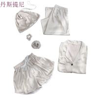 带睡衣女夏冰丝短袖七件套装春秋真丝绸韩版清新长袖学生家居服