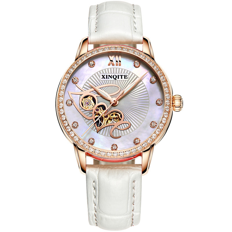 新奇特正品手表女士四叶草镂空自动机械表防水陶瓷钢带皮带钻爱心形