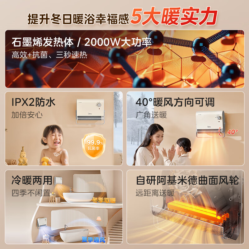 美的(Midea)暖风机浴室/台壁两用取暖器/石墨烯极速升温/节能小太阳抗菌过滤低噪音可移动 HFS20XQ浅杏高清大图
