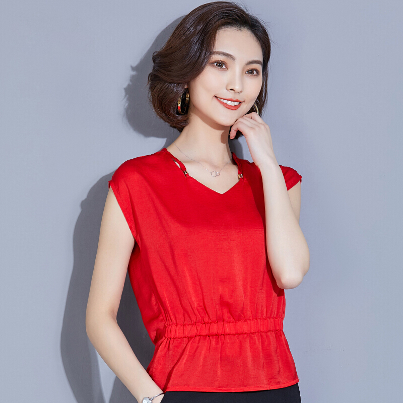 遮肚子雪纺衫女小衫短袖2018新款夏装短款v领宽松仿真丝上衣收腰