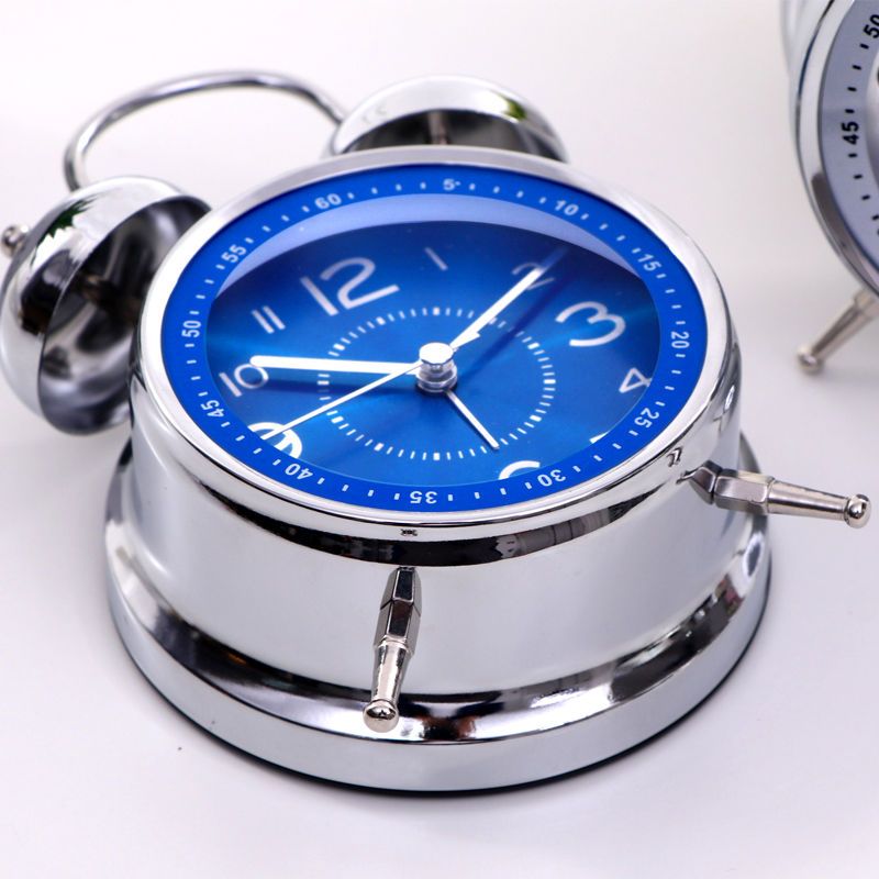蓝色镭射面创意金属打铃静音闹钟夜灯学生儿童时尚简约卧室小闹钟