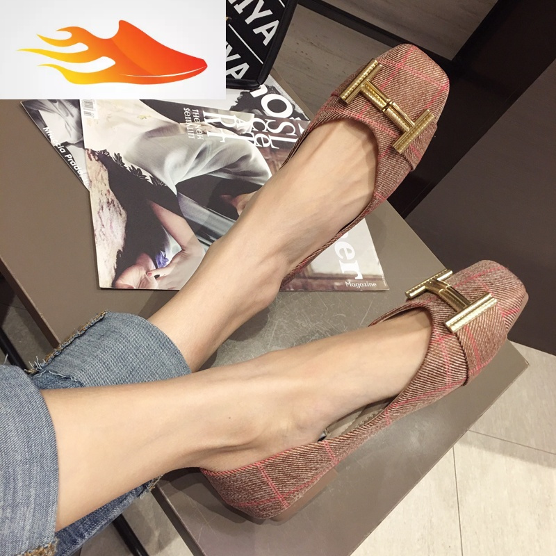 fish basket鞋子女2019新款时尚方头红平底鞋单鞋女金属扣软底浅口ins