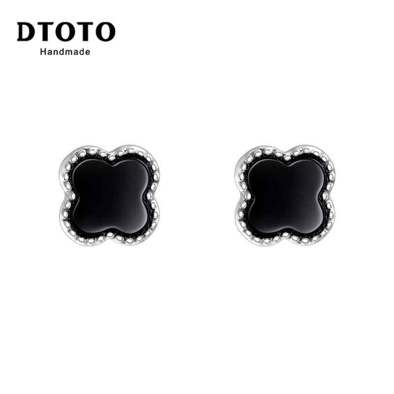 DTOTO 经典黑色幸运四叶草耳环耳钉时尚轻奢风银耳钉女
